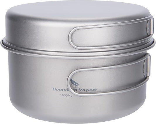 Boundless Voyage Outdoor Titanium Pot with Pan Set with Collapsible Folding Handle for Outdoor Camping Cooking Hiking Backpacking Portable Cookware