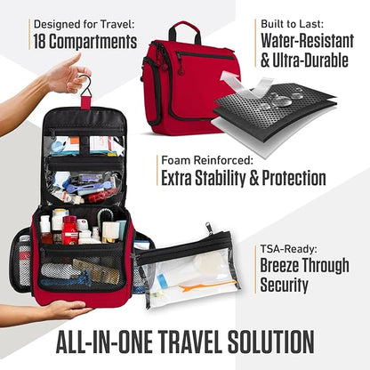 VENTURE 4TH Hanging Travel Toiletry Bag for Women & Men – Large Toiletry Organizer with 18 Compartments, Removable TSA Pouch, Travel Wash Bag for Toiletries, Makeup & Shaving Kit (Red)
