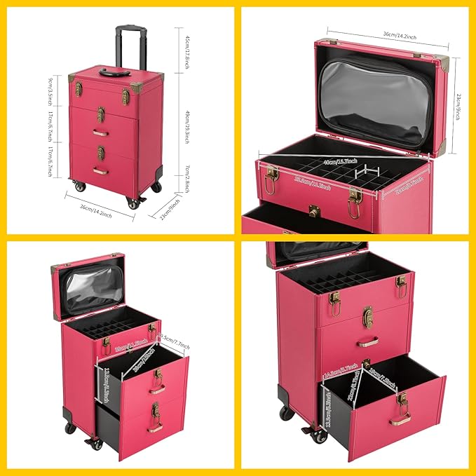 Rolling Makeup Case w/ 2 Keys, 3-tier Lockable Makeup Train Case w/ Drawers, Removable Baffle Nail Polish Organizer, Travel Cosmetic Case w/ 15-34in Telescopic Rod, 14.2*9*39.76in, Bronze Latch+Rose