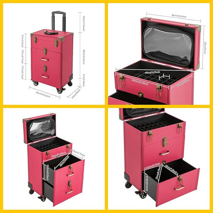 Rolling Makeup Case w/ 2 Keys, 3-tier Lockable Makeup Train Case w/ Drawers, Removable Baffle Nail Polish Organizer, Travel Cosmetic Case w/ 15-34in Telescopic Rod, 14.2*9*39.76in, Bronze Latch+Rose