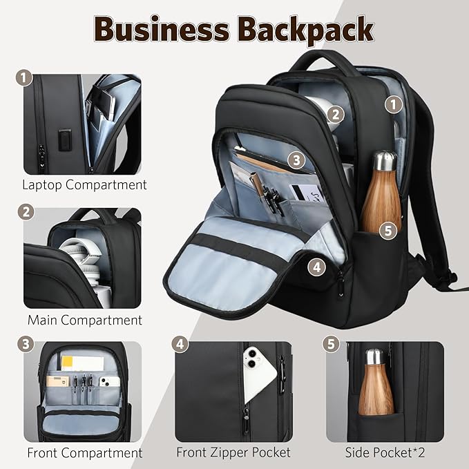 Laptop Backpack for Men, 17 Inch Business Travel Backpack with USB Charging Port, Water Resistant Computer Backpack Bag for Work/Office/Commuter/College-Black