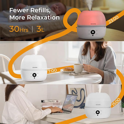 BOXING Top Fill Humidifiers for Bedroom Baby with Easy Remote, 20dB Quiet Cool Mist Air Humidifier for Large Room Home & Indoor Plants, 7 Color Night Light, Essential Oil Tray, Timer, Sleep Mode,3L
