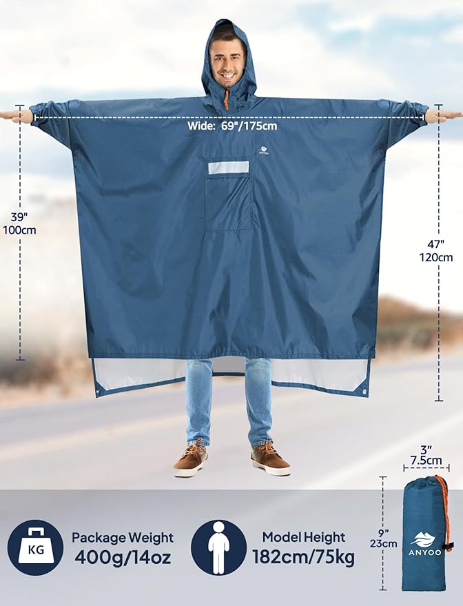 ANYOO Hooded Rain Poncho for Adults Waterproof Lightweight Rain Coat for Men Women Reusable Rain Jacket for Emergency Outdoor