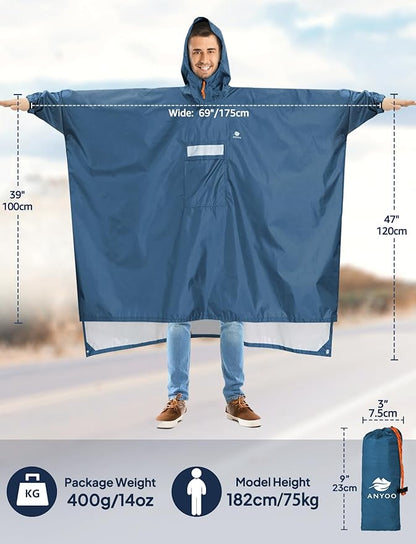 ANYOO Hooded Rain Poncho for Adults Waterproof Lightweight Rain Coat for Men Women Reusable Rain Jacket for Emergency Outdoor