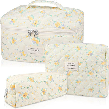 Quilted Makeup Bag Set, Large Floral Cosmetic Bag for Women, Cute Cotton Makeup Bag, Flower Travel Toiletry Organizer Bag (Yellow Daylily)