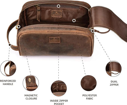 King-Size Premium Leather Toiletry Travel Pouch – Handcrafted Vintage Dopp Kit Bag with Waterproof Lining, Spacious Design for Travel Essentials, Elegant Brown Finish