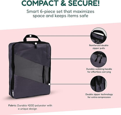 Compression Packing Cubes for Travel – 6-Pack Expandable Luggage Organizer Bags | Lightweight Storage Solution for Suitcase, Backpack & Carry-On | Travel Accessories for Men & Women (Grey & Black)