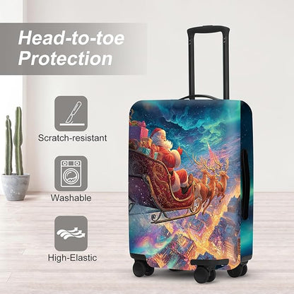 Northern Lights Christmas Luggage Cover - Santa's Sleigh Flying Over City Under Aurora, Magical Stretchable Suitcase Protector 24 26 Inch