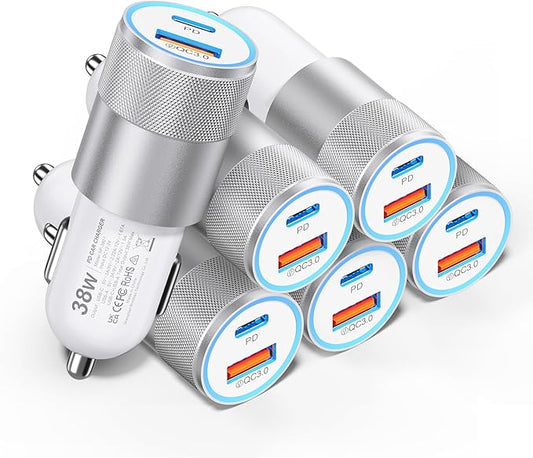 Car Charger USB C 6-Pack, Ancekoy 38W Dual Port Cigarette Lighter with PD3.0 + QC3.0 Type C Car Charger Adapter iPhone 16/15 Pro Max/Samsung Galaxy S24/S23/S22Plus/Ultra/,iPad Pro(White)