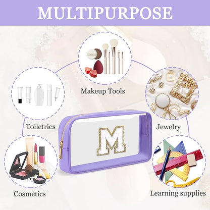 Small Clear Personalized Initial Makeup Bag,Nylon Preppy A-Z Chenille Letter Patch Cosmetic Pouch Beach Toiletry Bag,Waterproof Zip Travel Purse Storage Bag Organizer for Women Girls(Purple-White M)