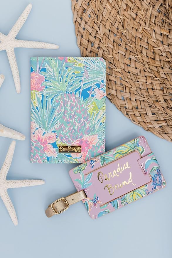 Lilly Pulitzer Leatherette Luggage Tag with Secure Strap, Colorful Suitcase Identifier for Travel