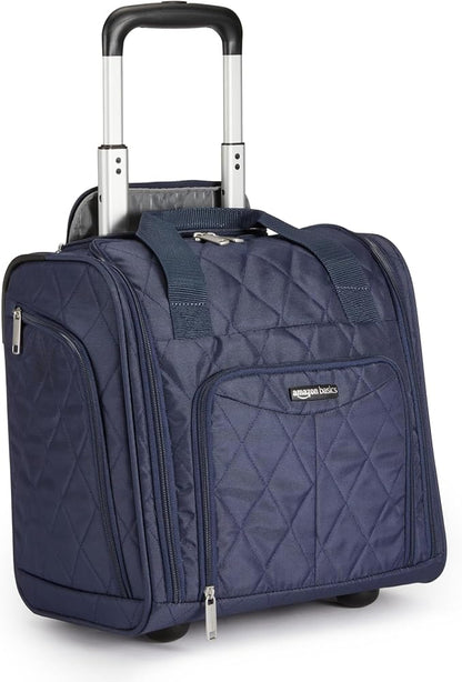 Amazon Basics Underseat Carry On Luggage with Wheels - 14" Rolling Travel Bag, Navy Quilted