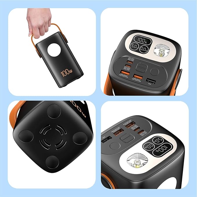 100000mAh Portable Charger Super Capacity Power Bank+ Built-in Cables, with LED Light, 4 Outputs, 3 Inputs for iPhone, Samsung, Android, etc