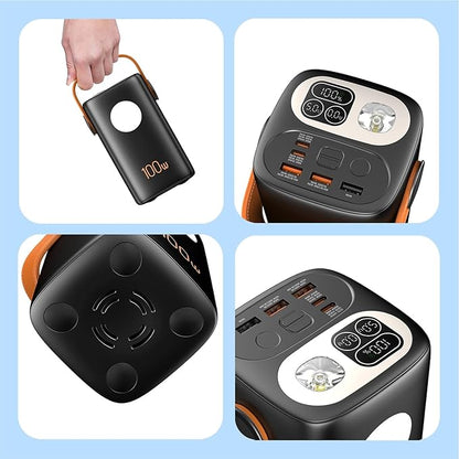 100000mAh Portable Charger Super Capacity Power Bank+ Built-in Cables, with LED Light, 4 Outputs, 3 Inputs for iPhone, Samsung, Android, etc