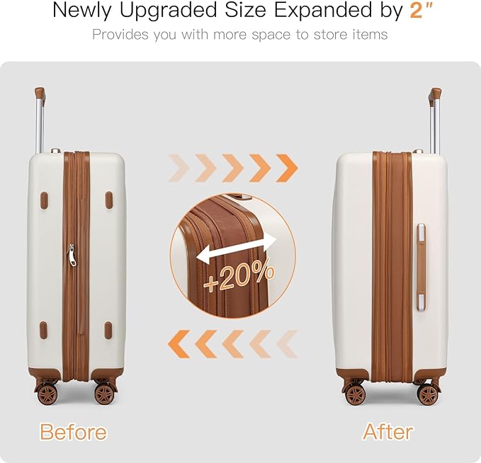 Kono Lightweight 24 Inch Expandable Luggage with Quiet Spinner Wheels TSA Lock, Scratch and Drop Resistant PC+ABS Hardside Durable Medium Checked Suitcase, Cream White & Brown