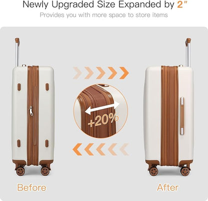 Kono Lightweight 24 Inch Expandable Luggage with Quiet Spinner Wheels TSA Lock, Scratch and Drop Resistant PC+ABS Hardside Durable Medium Checked Suitcase, Cream White & Brown