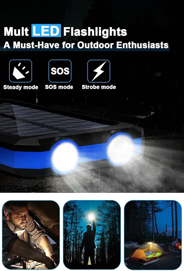 WONGKUO Solar Charger Power Bank - 36800mAh Solar Phone Charger, QC3.0 Fast Charger with LED Flashlight, IP65 Waterproof Portable Power Bank for Outdoor Activities (Blue)