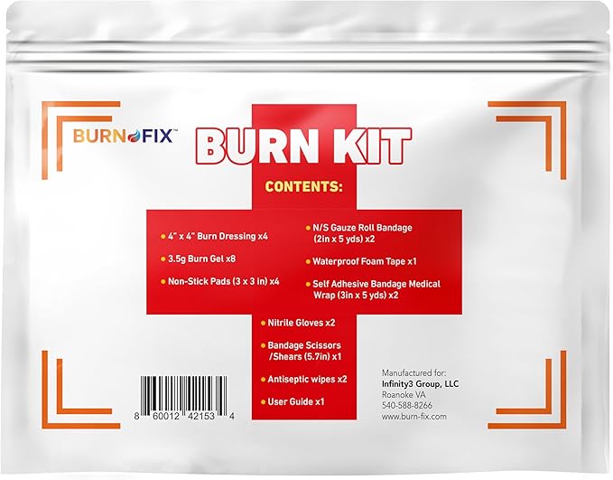 BurnFIX® Burn Kit First Aid Recommended by Doctors, Comprehensive 25pcs First Aid Kit Includes Burn Gel, Burn Dressing, Gloves, Scissors, Wipes for Quick Burn Relief - Sunburn, Electrical, Flame Burns
