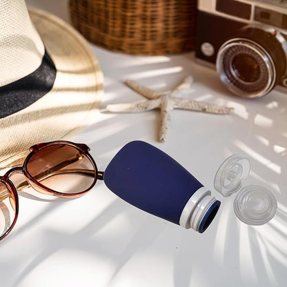 Travel Bottles for Toiletries, TSA Approved 3oz Leak Proof Silicone Refillable Squeeze Travel Size Containers BPA Free for Cleansers, Lotions, Shampoo 2pk (Navy Blue-White)
