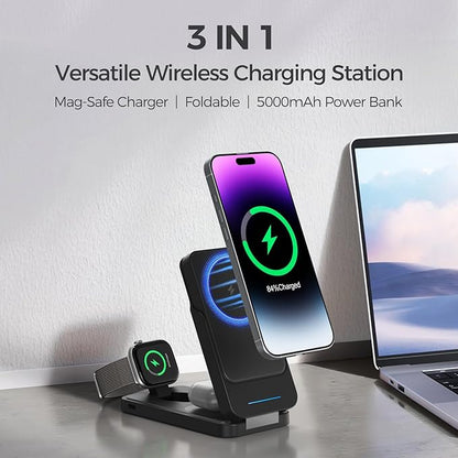 ANJANK 3 in 1 Portable Wireless Charging Station, Removable 5000mAh Mag-Safe Power Bank, Foldable Travel Magnetic Charger Stand for iPhone 17 16 15 14 13 12 Pro Max Plus, Apple Watch Series, AirPods