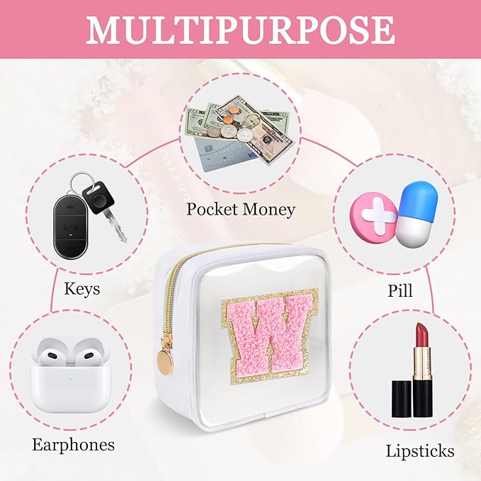 Iqimott Mini Clear Personalized Initial Makeup Bag, Small Preppy A-Z Chenille Letter Patch Cosmetic Pouch, Transparent PVC & Nylon Waterproof Zip Beach Toiletry Bag,Gift for Women Girls(White-Pink W)