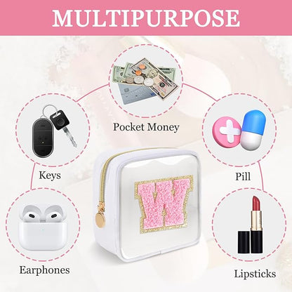 Iqimott Mini Clear Personalized Initial Makeup Bag, Small Preppy A-Z Chenille Letter Patch Cosmetic Pouch, Transparent PVC & Nylon Waterproof Zip Beach Toiletry Bag,Gift for Women Girls(White-Pink W)