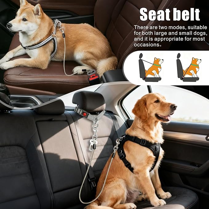 Idepet Dog Seat Belt for Car, 2 Pcs Stainless Steel Chew Proof Dog Seatbelt 3 in 1 Harness for Safety Heavy Duty Pet Seat Belt for Medium & Large Dogs (Grey
