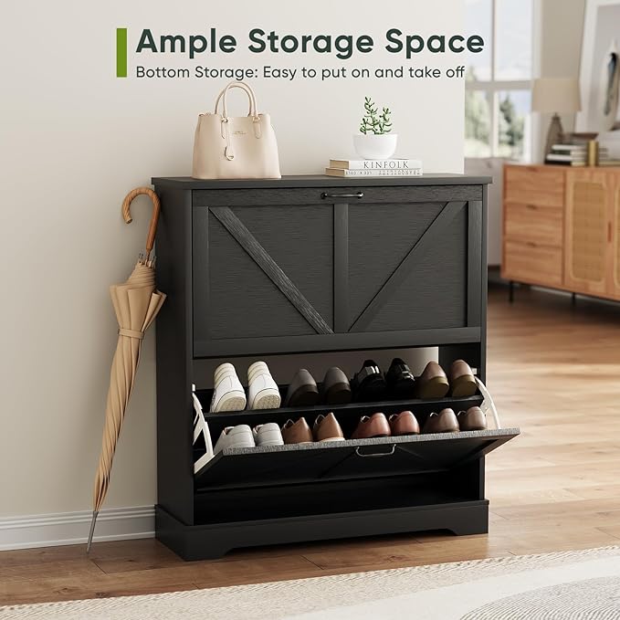 Shoe Cabinet, Shoe Storage Cabinet for Entryway with 2 Flip Drawers, Narrow Farmhouse Shoe Organizer Cabinet, Slim Shoe Rack Cabinet, 31.5in Black