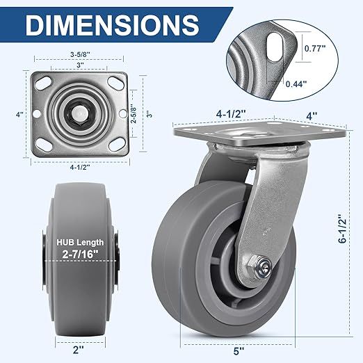 5 Inch Rubber Wheels (Flat Tread)- Heavy Duty Casters, Industrial Caster Wheels- with up to 800 LB Capacity- Use for Dollies, Utility and Maintenance Carts(1 Swivel)
