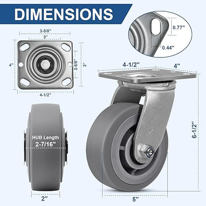 5 Inch Rubber Wheels (Flat Tread)- Heavy Duty Casters, Industrial Caster Wheels- with up to 800 LB Capacity- Use for Dollies, Utility and Maintenance Carts(2 Swivel)