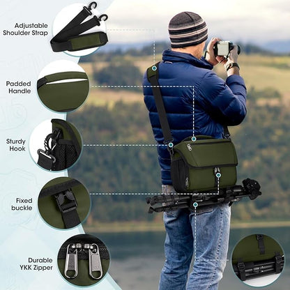 RAINSMORE Camera Bag, DSLR/SLR/Mirrorless Camera Case with Tripod Holder Waterproof Camera Sling Bag Crossbody Camera Bags for Photographers with Rain Cover for Canon/Nikon/Sony/Fuji, Green