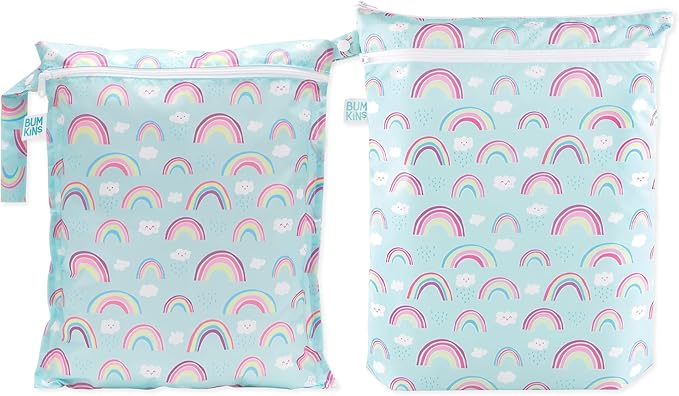 Bumkins - Waterproof Wet and Wetdry Bags - For Beach, Baby, Travel, Swim Suit, Cloth Diapers, Pump Parts, Pool, Gym, Toiletries - Reusable & Easy to Clean - Rainbows Blue - 2 Pack