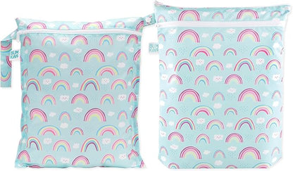 Bumkins - Waterproof Wet and Wetdry Bags - For Beach, Baby, Travel, Swim Suit, Cloth Diapers, Pump Parts, Pool, Gym, Toiletries - Reusable & Easy to Clean - Rainbows Blue - 2 Pack