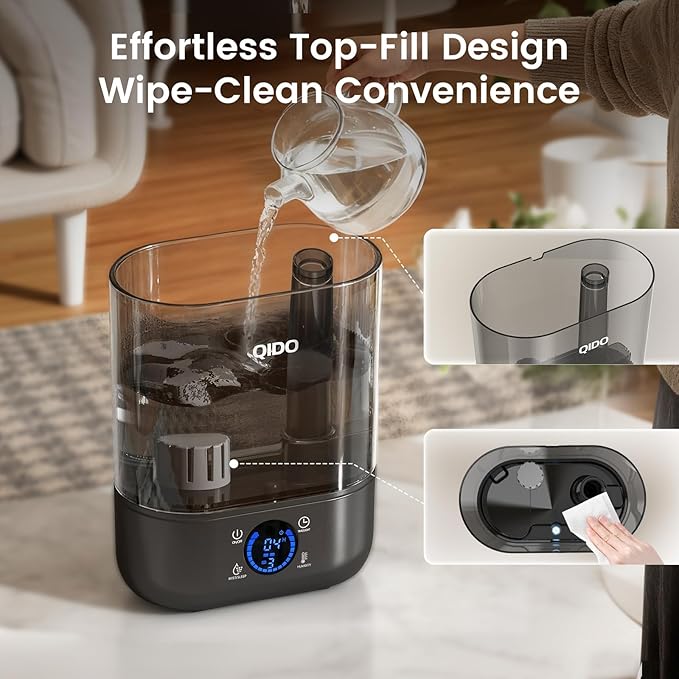 QIDO Top Fill Humidifiers for Bedroom, 5 L Cool Mist 36H Super Long Time, Quiet 28dB Essential Oil Diffuser for Baby & Plants, 3 adjustable Mist with Touch/APP/7-color Nightlight, Auto Shut-off, Black