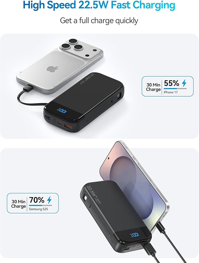 Portable Charger Power Bank Built-in Cables, 32000mAh 22.5W USB C Fast Charging, 5 Outputs 3 Inputs Travel Essentials Battery Pack Compatible with iPhone, iPad, Samsung, Google Pixel, Black