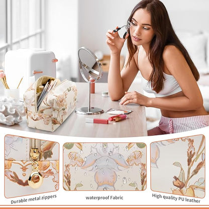 Floral Waterproof Makeup Bag, Leather Cosmetic Bag with Compartments, Zipper Make up Pouch Organizer, Portable Storage Travel Toiletry Bag Gifts for Women Girls(Pink Flower)