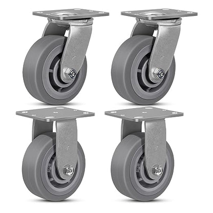 5"x2" Rubber Wheels (Flat Tread)- Heavy Duty Casters, Industrial Caster Wheels- Set of 4 with up to 3200 LB Capacity- Use for Dollies, Workbench(2 Swivel &2 Rigid)