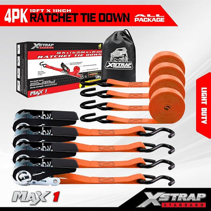 XSTRAP STANDARD Ratchet Tie Down Straps 4 Pk 10 Ft- 300 Lbs Load Cap- 900 Lbs Break Strength-Cargo Straps for UTV, ATV, Pickup,Truck, Moving Appliances, Lawn Equipment, Orange