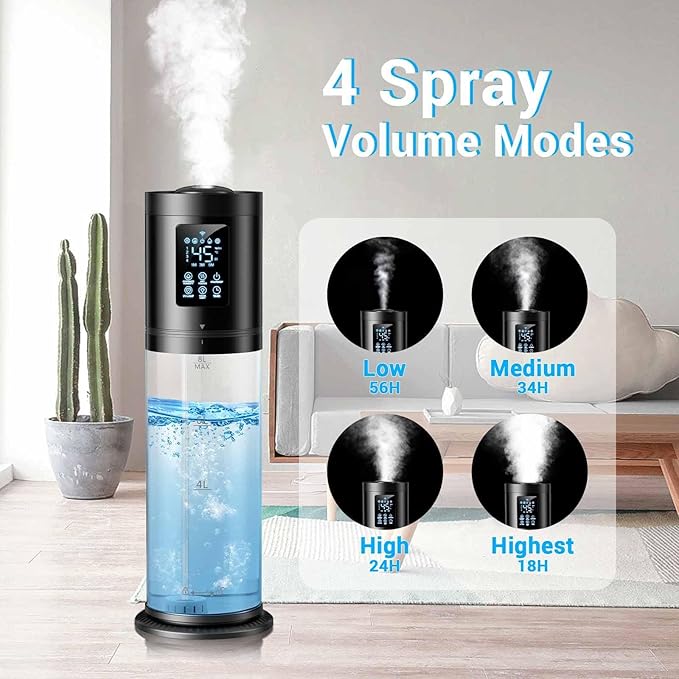 8L/2.1 Gal Humidifiers for Bedroom Large Room, 4 Levels Cool Mist Humidifier with Clear Tank, 7 Color Lights Essential Oil Diffuser with 16H Timer, Top Fill Air Humidifier for Home Plants Office
