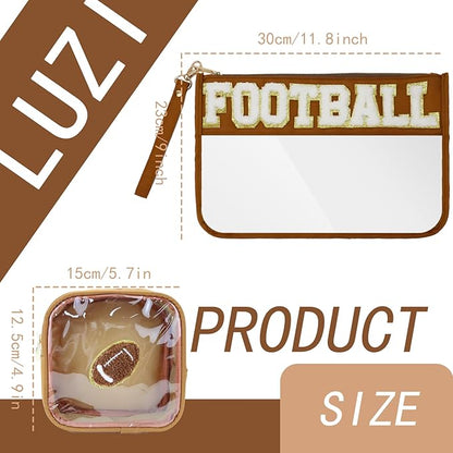 2 Pcs Football Gifts Makeup Bag with Chenille Letter Patch,with Handles PVC Waterproof Clear Makeup Bag,Portable Toiletry Storage Bag,Players & Fans Birthday, Team or Sports Lover Presents