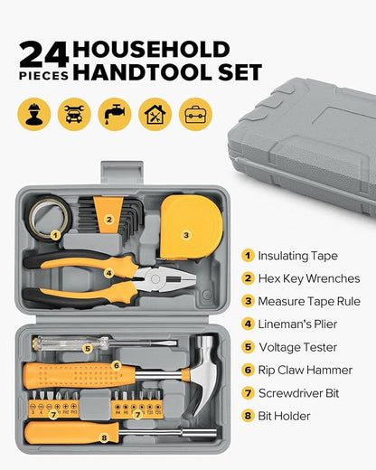 24pcs Home DIY Tool Kit for Household, Office & Garage - General Repair Small Hand Tool Set with Storage Case