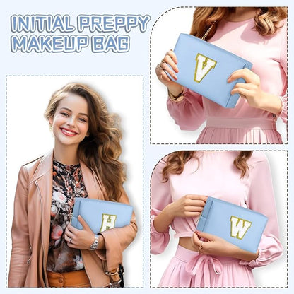 TOPEAST Preppy Bag, Monogrammed Makeup Bags with Zipper, Cute Makeup Pouch, Initial Birthday Gifts Bag for Daughter Friends Sister, Preppy Things for Girls (Sky Blue H)
