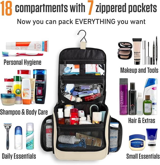 VENTURE 4TH Hanging Travel Toiletry Bag for Women & Men – Large Toiletry Organizer with 18 Compartments, Removable TSA Pouch, Travel Wash Bag for Toiletries, Makeup & Shaving Kit (Beige)