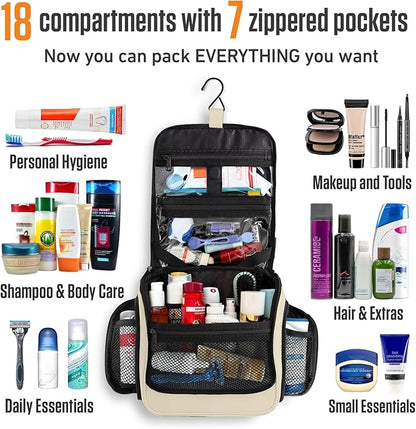 VENTURE 4TH Hanging Travel Toiletry Bag for Women & Men – Large Toiletry Organizer with 18 Compartments, Removable TSA Pouch, Travel Wash Bag for Toiletries, Makeup & Shaving Kit (Beige)
