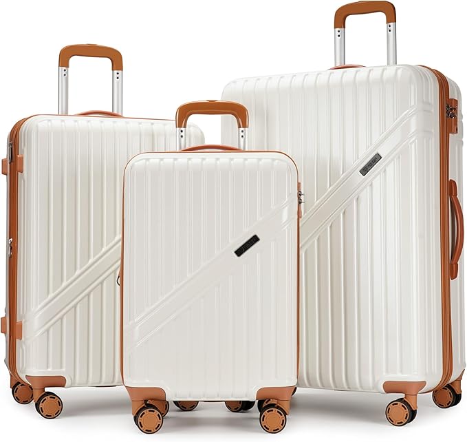 PRIMICIA GinzaTravel Luggage Sets 3-Piece Expandable Suitcases with Wheels PC+ABS Durable Hardside Luggage sets TSA lock（White + Brown）