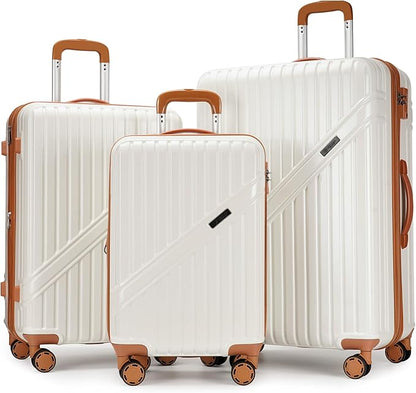 PRIMICIA GinzaTravel Luggage Sets 3-Piece Expandable Suitcases with Wheels PC+ABS Durable Hardside Luggage sets TSA lock（White + Brown）