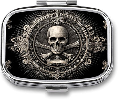 Metal 2 Compartment Pill Organizer Travel Friendly Portable Compact Pill Box Cute Pill Case,for Pocket Wallets Daily Portable Medicine Vitamin Tablet Storage (Skull)