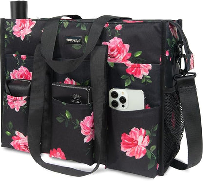 TOPDesign Utility Water Resistant Tote Bag with 22 Pockets, Top Zipper Closure & Thick Bottom Support, for Working Women