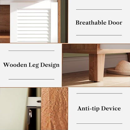 4-Tier Shoe Storage Cabinet with Drawer & Adjustable Shelves, Wooden Shoe Organizer Rack with Louvered Doors for Entryway, Hallway, Closet, Living Room(White/Brown)