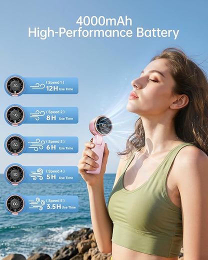 Portable Handheld Turbo Fan - 5 Gear High Speed 4000mAh Rechargeable Mini Personal Hand Fan Blow Cold Air, Battery Operated Travel Essentials, Beach Vacation, Gifts for Women, Men (Pink)